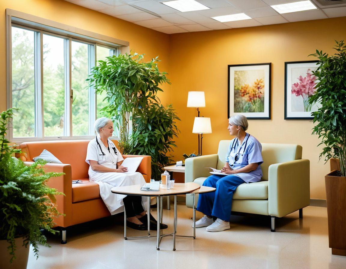 A warm and inviting hospital setting with a compassionate healthcare professional assisting a patient, surrounded by vibrant greenery to symbolize hope and healing. Incorporate elements like informational pamphlets about cancer treatments on a nearby table, and supportive family members in the background. The atmosphere should convey empathy and care, highlighting the journey through cancer treatment. super-realistic. warm colors. soft lighting.
