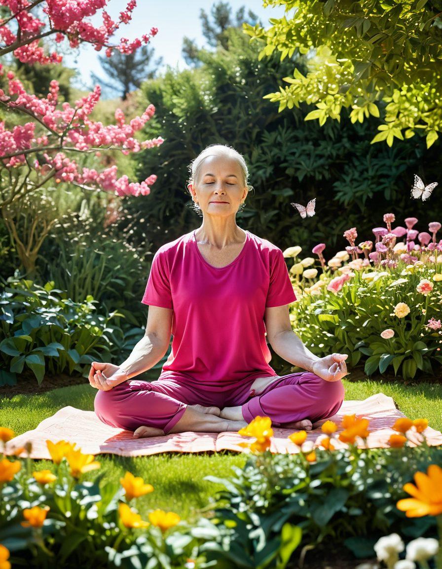A serene landscape featuring a resilient cancer survivor meditating in a sun-drenched garden, surrounded by blooming flowers symbolizing hope and vitality. In the background, a butterfly flutters, representing transformation and new beginnings. Include supportive resources like books and healthy foods nearby, creating a sense of empowerment. Gentle sunlight filters through lush trees, illuminating the scene. vibrant colors. super-realistic.