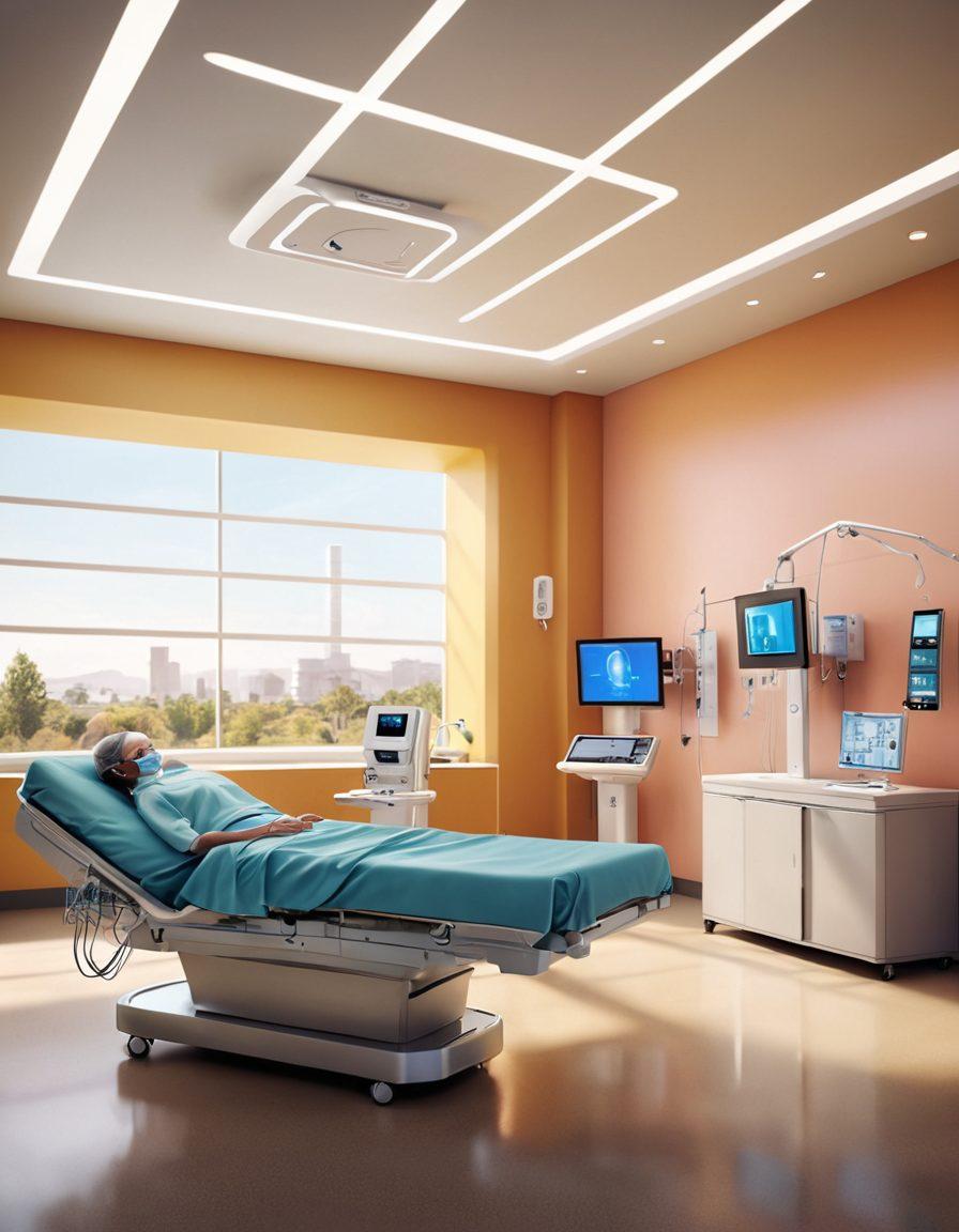 A sleek, modern hospital environment showcasing a variety of advanced oncology treatment equipment alongside compassionate healthcare professionals interacting with patients. The scene should include visual elements like futuristic therapies, digital health monitors, and support networks represented by supportive family members. Brightly lit, warm tones to convey hope and innovation. super-realistic. vibrant colors.